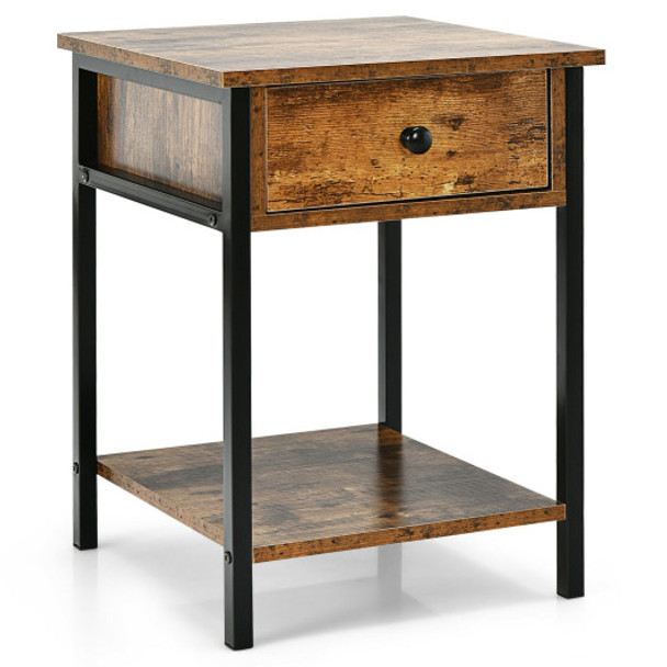 Industrial End Side Table Nightstand with Drawer Shelf-Rustic Brown