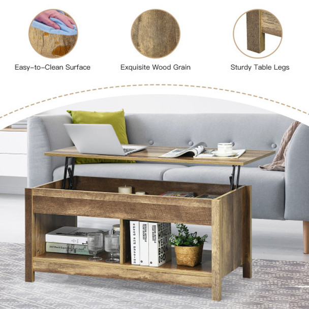 Lift Top Coffee Table with Hidden Storage Compartment and Lower Shelf for Study Room-Oak
