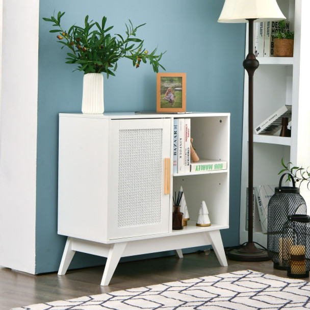 Storage Cabinet Free Standing with Adjustable Shelves Weaved Door-White