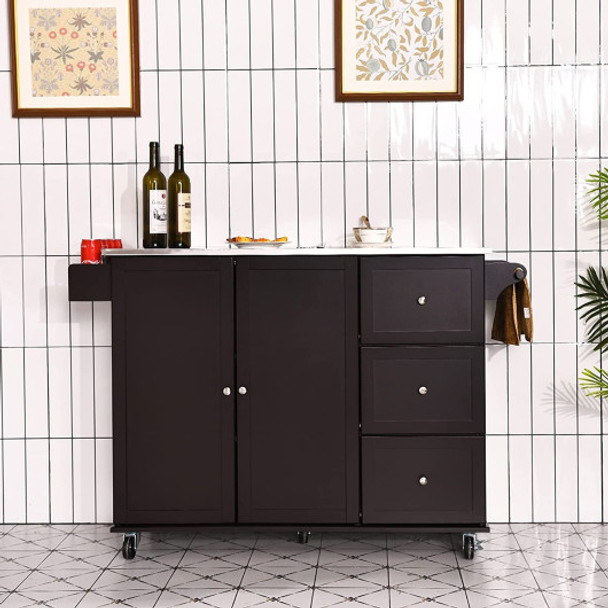 Kitchen Island 2-Door Storage Cabinet with Drawers and Stainless Steel Top-Dark Brown