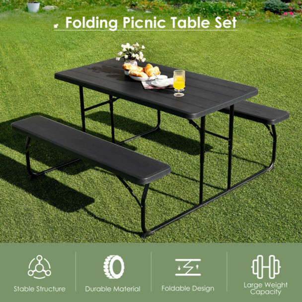 Indoor and Outdoor Folding Picnic Table Bench Set with Wood-like Texture-Black