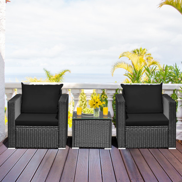 3 Pieces Patio wicker Furniture Set with Cushion-Black