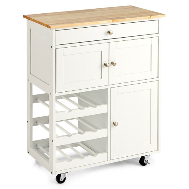Kitchen Cart with Rubber Wood Top 3 Tier Wine Racks 2 Cabinets-White