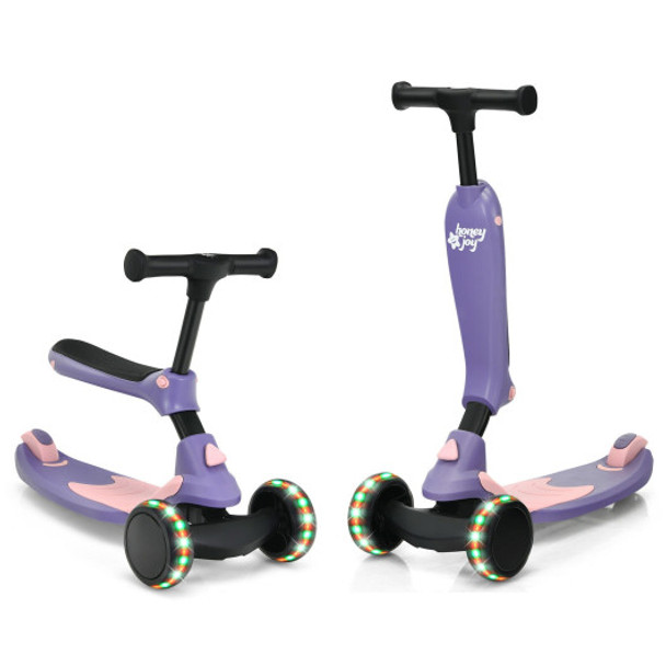 2 in 1 Kids Kick Scooter with Flash Wheels for Girls Boys from 1.5 to 6 Years Old-Purple