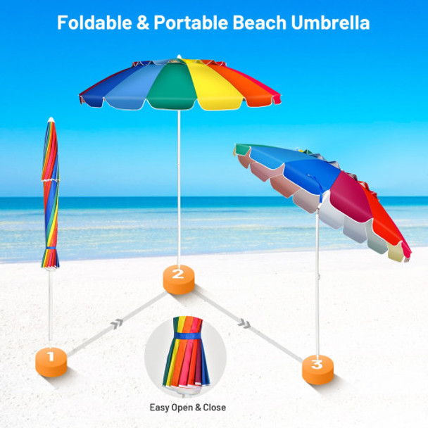 8FT Portable Beach Umbrella with Sand Anchor and Tilt Mechanism for Garden and Patio-Multicolor