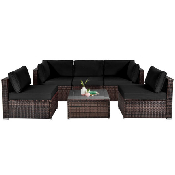 6 Pieces Patio Rattan Furniture Set with Cushions and Glass Coffee Table-Black