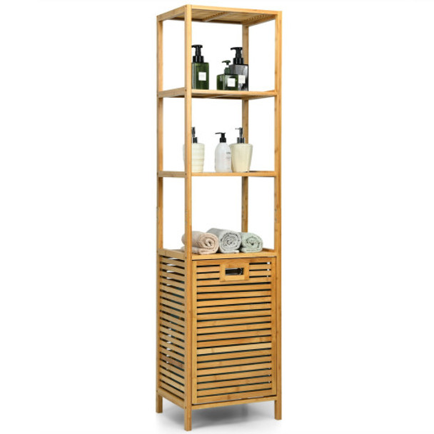 Bamboo Tower Hamper Organizer with 3-Tier Storage Shelves-Natural