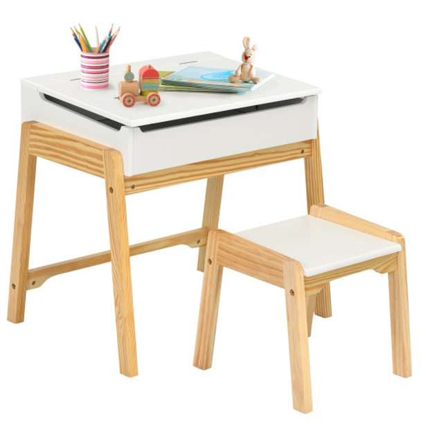 Children Activity Art Study Desk and Chair Set with Large Storage Space for Kids Homeschooling-White