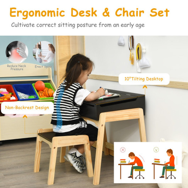 Children Activity Art Study Desk and Chair Set with Large Storage Space for Kids Homeschooling-Espresso