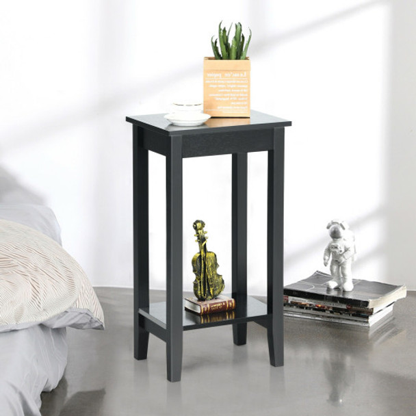 2-Tier Nightstand End Side Wooden Legs Table for Bedroom-Black