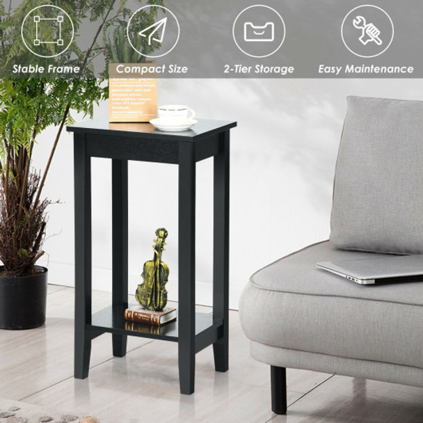 2-Tier Nightstand End Side Wooden Legs Table for Bedroom-Black