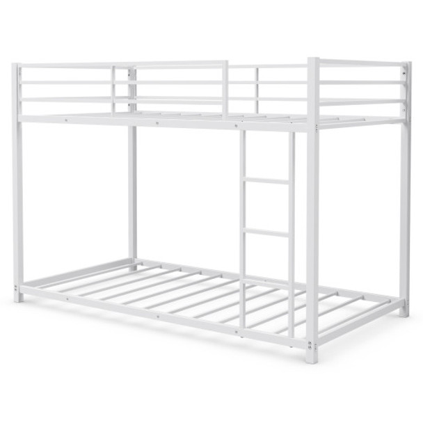 Twin Over Twin Bunk Bed Frame Platform with Guard Rails and Side Ladder-White