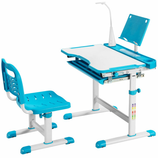Height Adjustable Kids Study Table and Chair Set with Bookstand-Blue