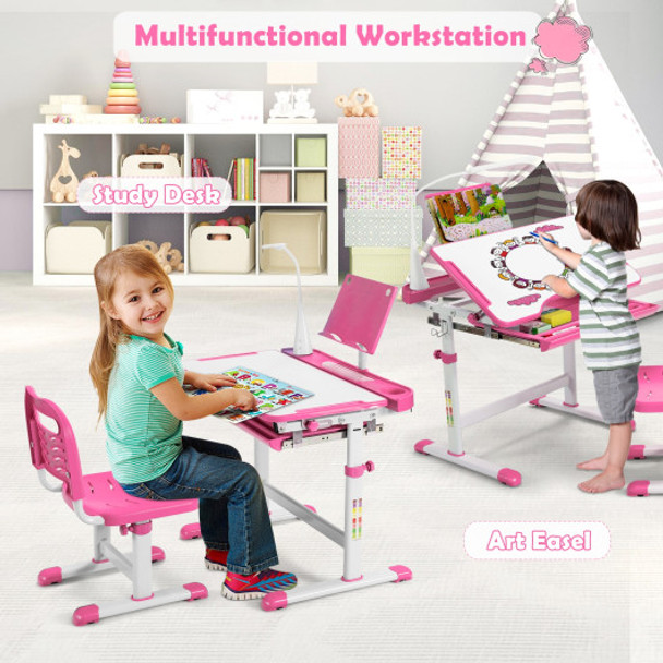 Height Adjustable Kids Study Table and Chair Set with Bookstand-Pink