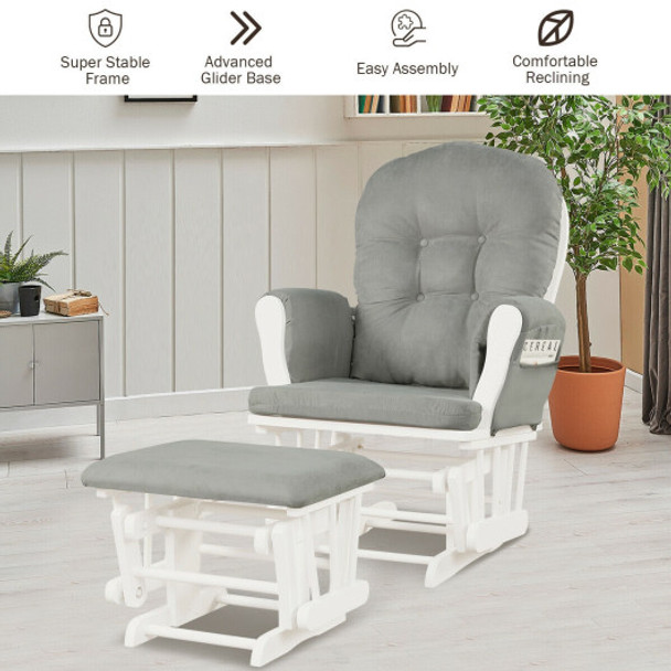 Solid Wood Gliding Chair Set with Pockets and Ottoman for Relaxing-Light Gray