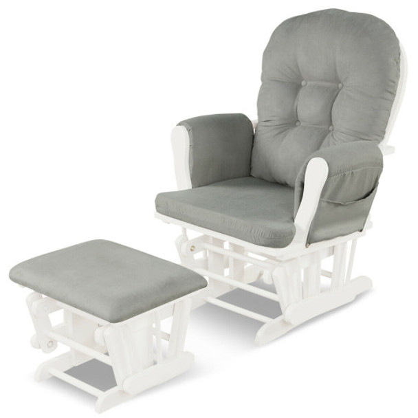 Solid Wood Gliding Chair Set with Pockets and Ottoman for Relaxing-Light Gray