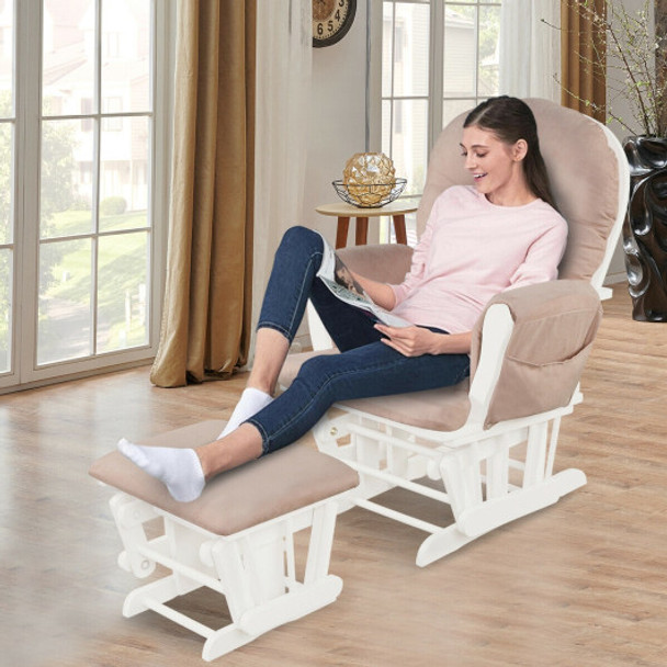 Solid Wood Gliding Chair Set with Pockets and Ottoman for Relaxing-Pink