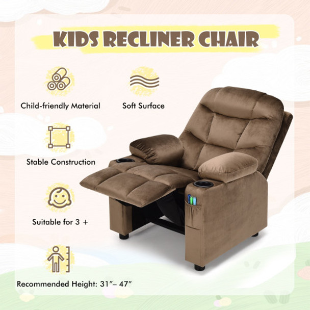 Adjustable Lounge Chair with Footrest and Side Pockets for Children-Brown