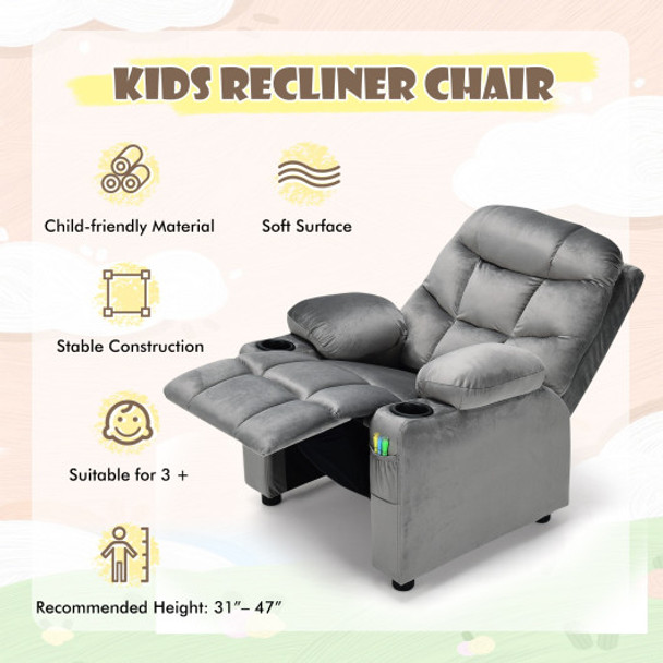 Adjustable Lounge Chair with Footrest and Side Pockets for Children-Gray