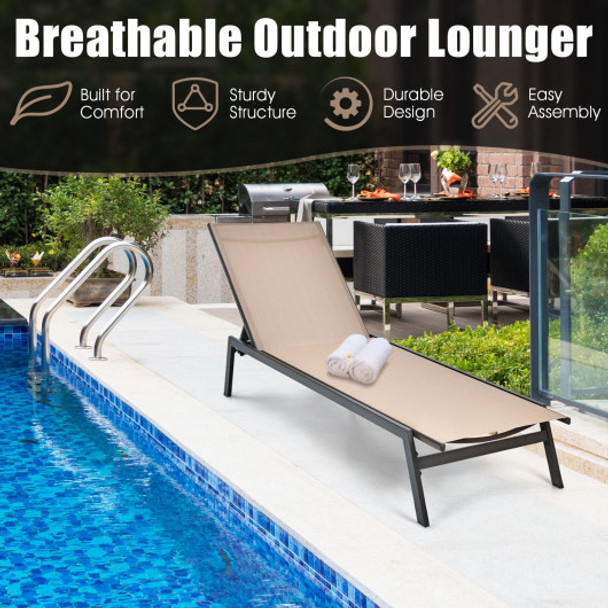 Outdoor Reclining Chaise Lounge Chair with 6-Position Adjustable Back-Brown