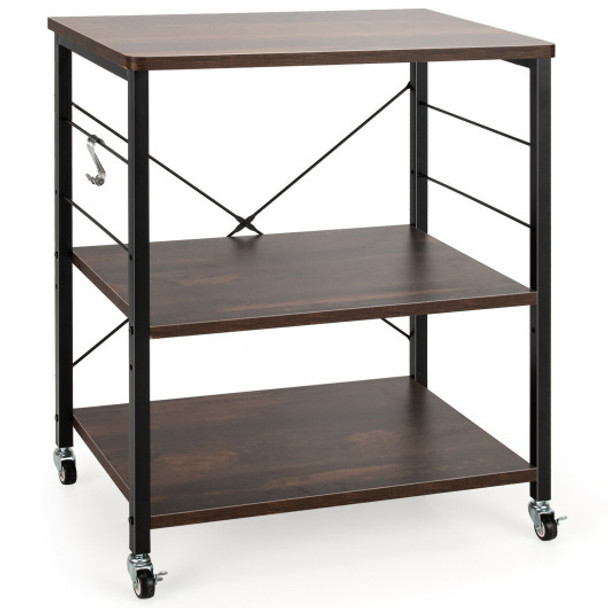 3-Tier Kitchen Baker's Rack Microwave Oven Storage Cart with Hooks-Charcoal Brown