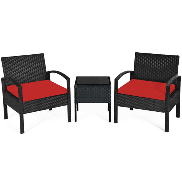 3 Pieces Outdoor Rattan Patio Conversation Set with Seat Cushions-Red