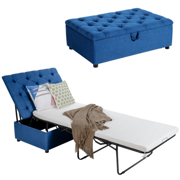 Folding Ottoman Sleeper Bed with Mattress for Guest Bed and Office Nap-Blue