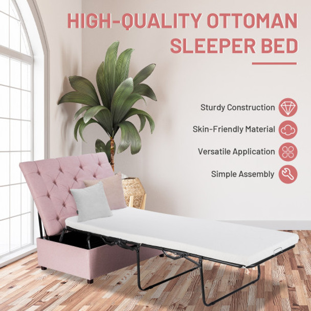 Folding Ottoman Sleeper Bed with Mattress for Guest Bed and Office Nap-Pink