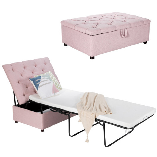 Folding Ottoman Sleeper Bed with Mattress for Guest Bed and Office Nap-Pink