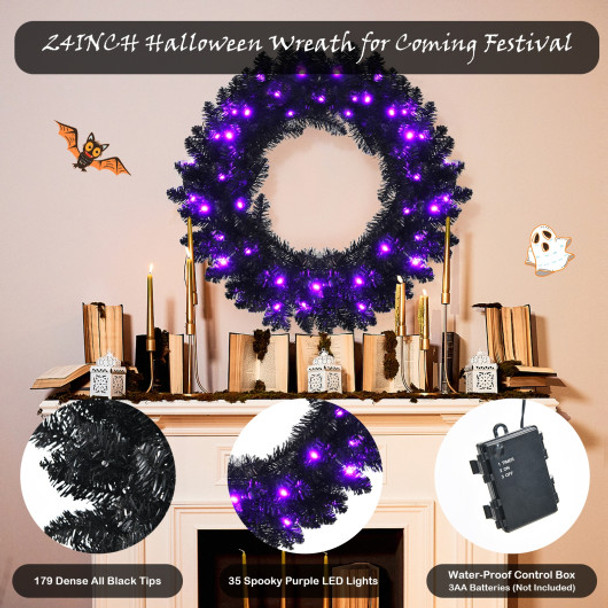 24 Inch Pre-lit Halloween Wreath with 35 Purple LED Lights