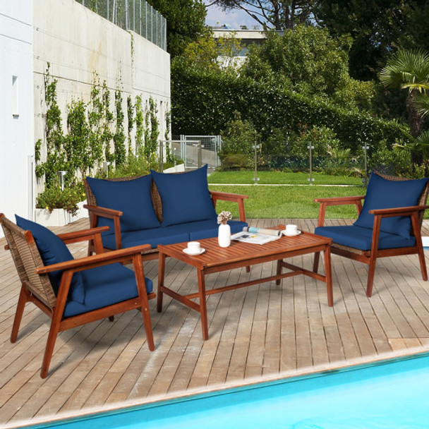 4 Piece  Acacia Wood Patio Rattan Furniture Set-Navy