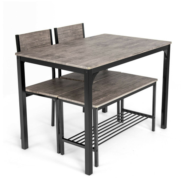 4 Pieces Rustic Dining Table Set with 2 Chairs and Bench-Gray