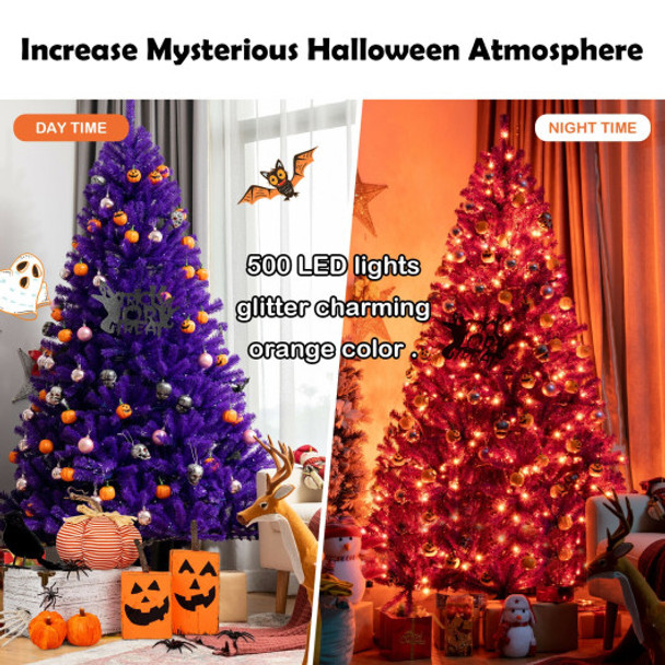 Artificial Prelit Purple Halloween Tree with Orange Lights and Pumpkin Ornaments-7'