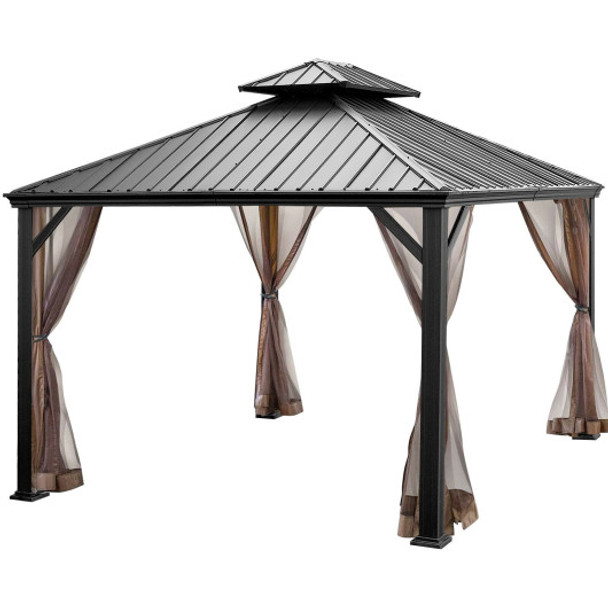 12 x 10 Feet Hardtop Gazebo 2-tier Outdoor Galvanized Steel Canopy-Brown