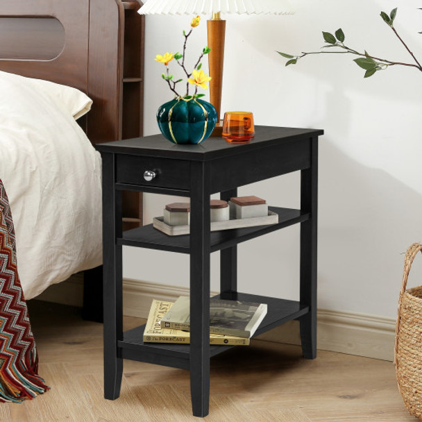 3-Tier Side End Table with Drawer Double Shelf-Black