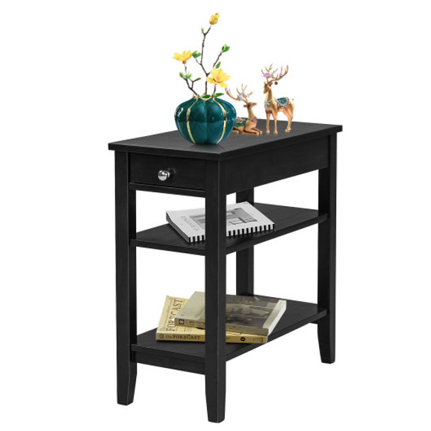 3-Tier Side End Table with Drawer Double Shelf-Black