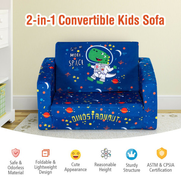 2-in-1 Convertible Kids Sofa with Velvet Fabric-Blue