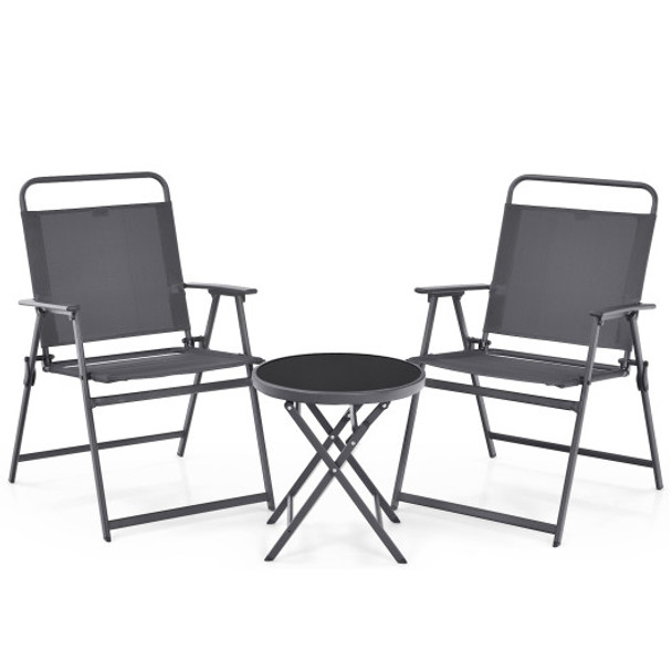 3 Pieces Outdoor Bistro Set with Folding Table and Chairs for Garden-Gray