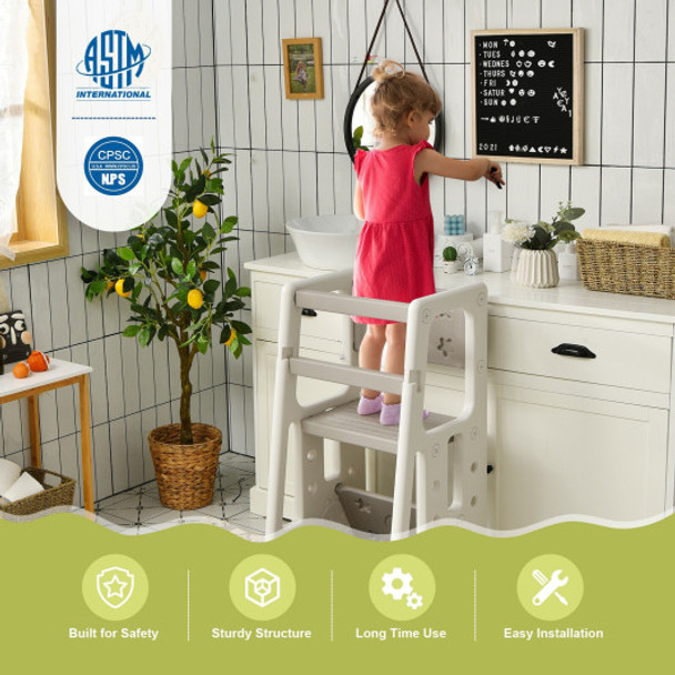 Kids Kitchen Step Stool with Double Safety Rails -Gray