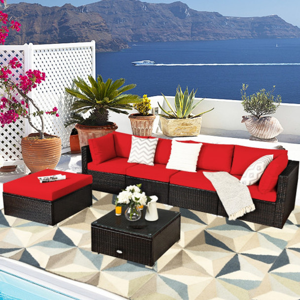 6 Pieces Outdoor Patio Rattan Furniture Set Sofa Ottoman-Red