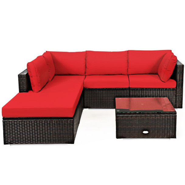6 Pieces Outdoor Patio Rattan Furniture Set Sofa Ottoman-Red