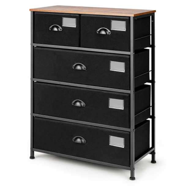 5-Drawer Storage Dresser with Labels and Removable Fabric Bins-Black