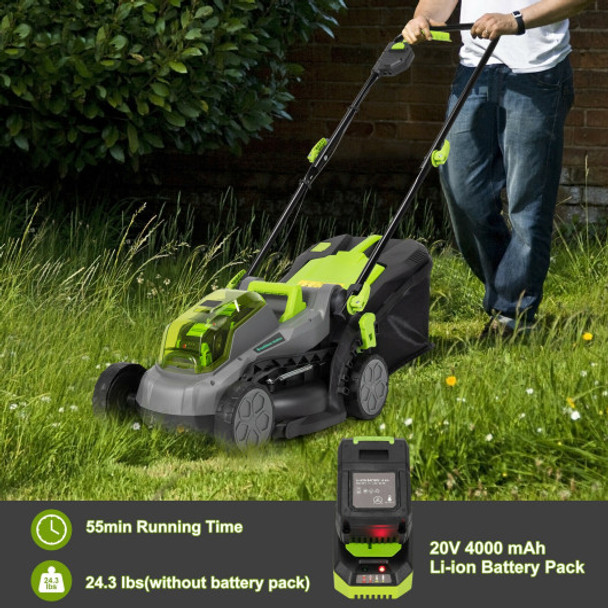 13 Inch Cordless Lawn Mower with Brushless Motor  4Ah Battery and Charger-Green