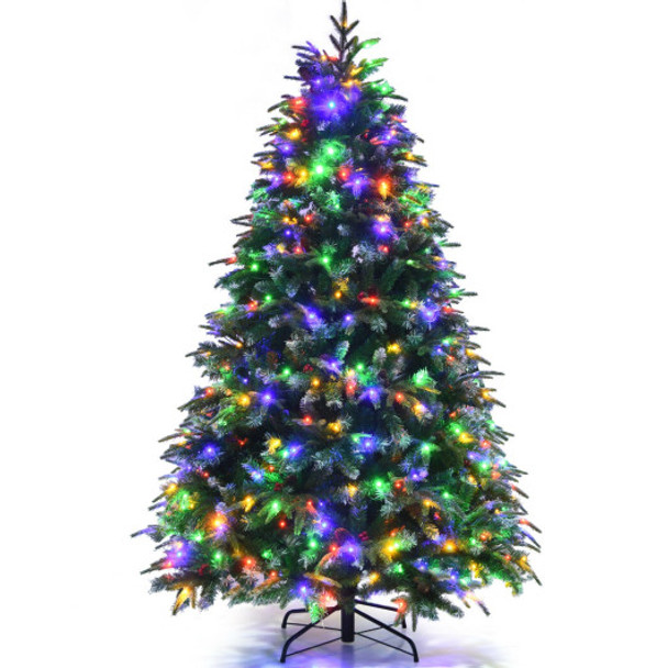 Pre-Lit Snowy Christmas Hinged Tree with Flash Modes and Multi-Color Lights-6 ft