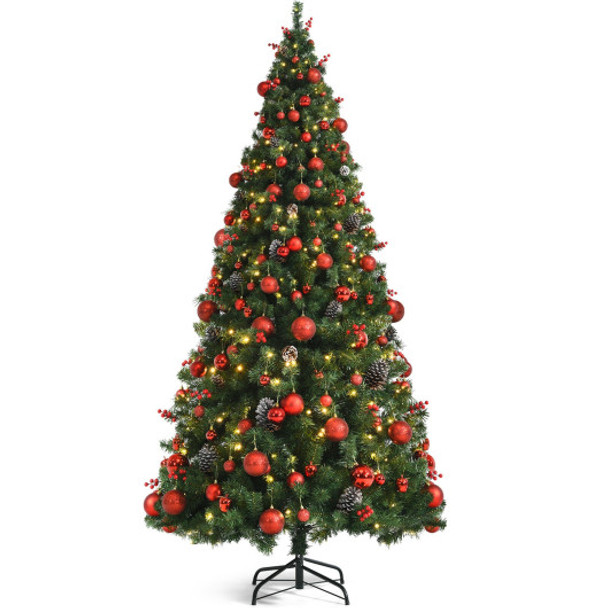 Pre-lit Christmas Hinged Tree with Red Berries and Ornaments-7 ft