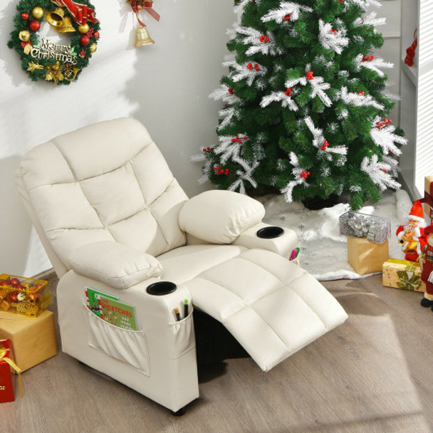 PU Leather Kids Recliner Chair with Cup Holders and Side Pockets-Beige