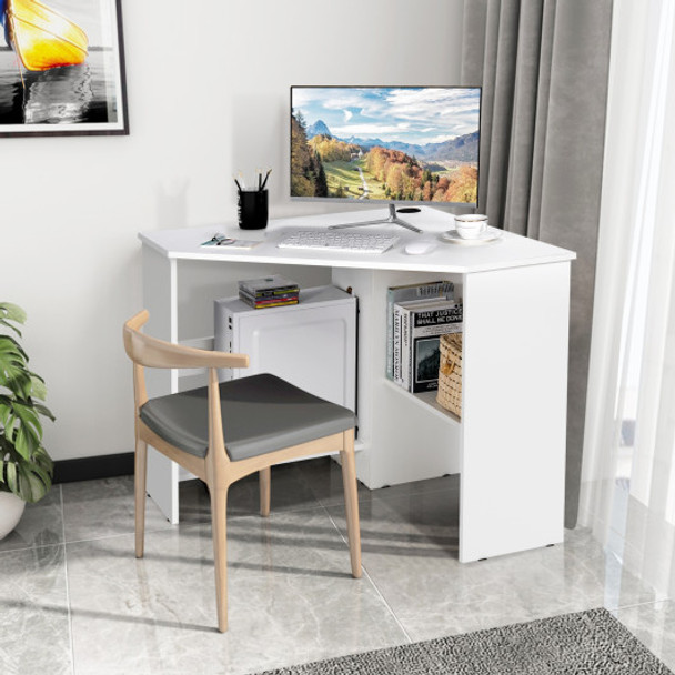 Corner Computer Desk Triangle Writing Workstation with Storage Shelf-White