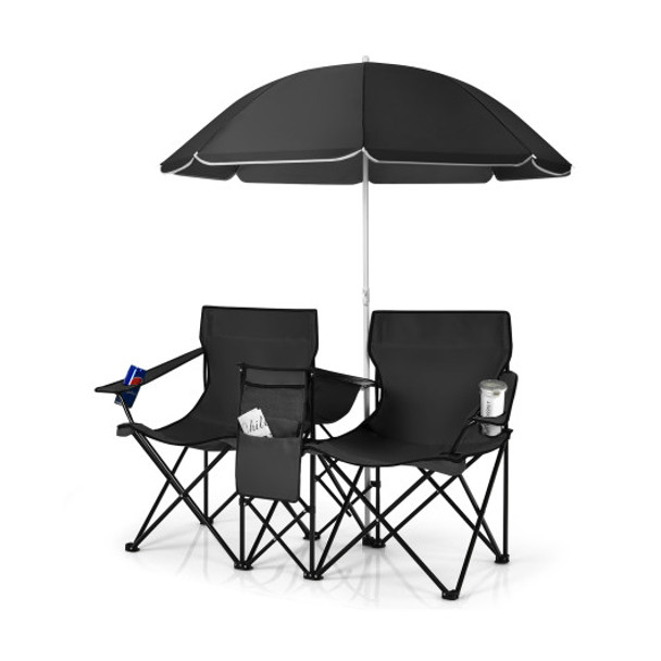 Portable Folding Picnic Double Chair With Umbrella-Black