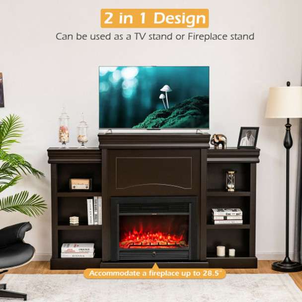 70 Inch Modern Fireplace Media Entertainment Center with Bookcase-Brown
