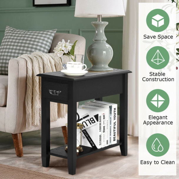 2 Pieces 2 Tier Sofa Side End Table with Drawer and Open Shelf-Black